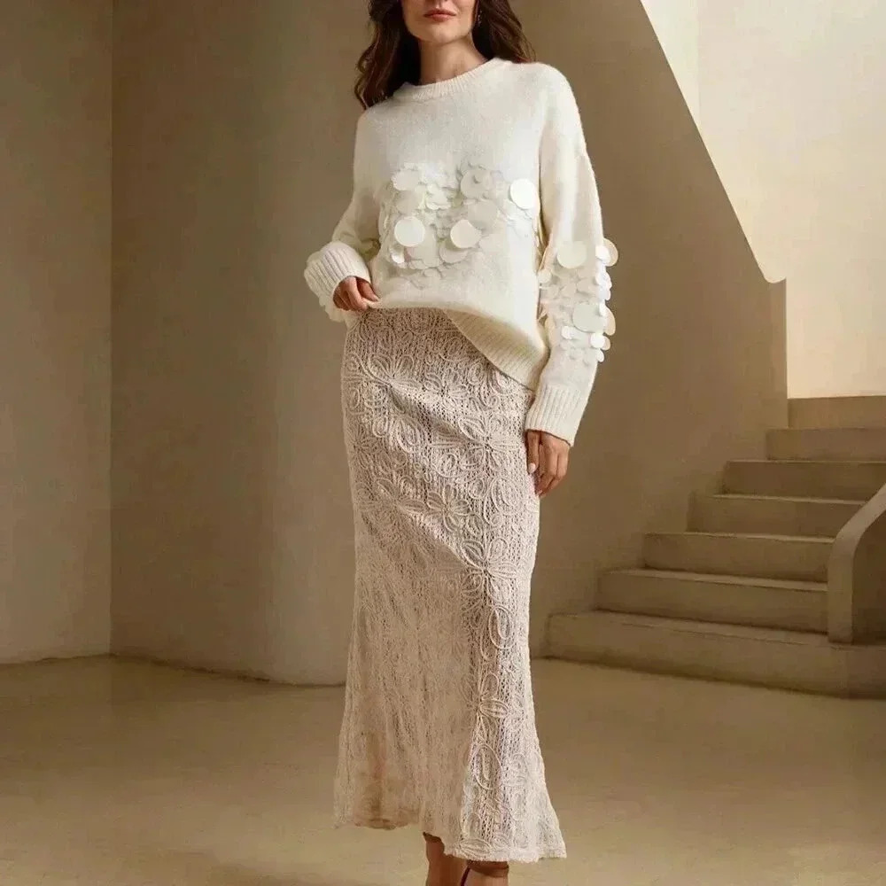 Apricot Casual Women's Handmade Beaded & Sequined Delicate Pullover Sweater - Picture 7 of 7